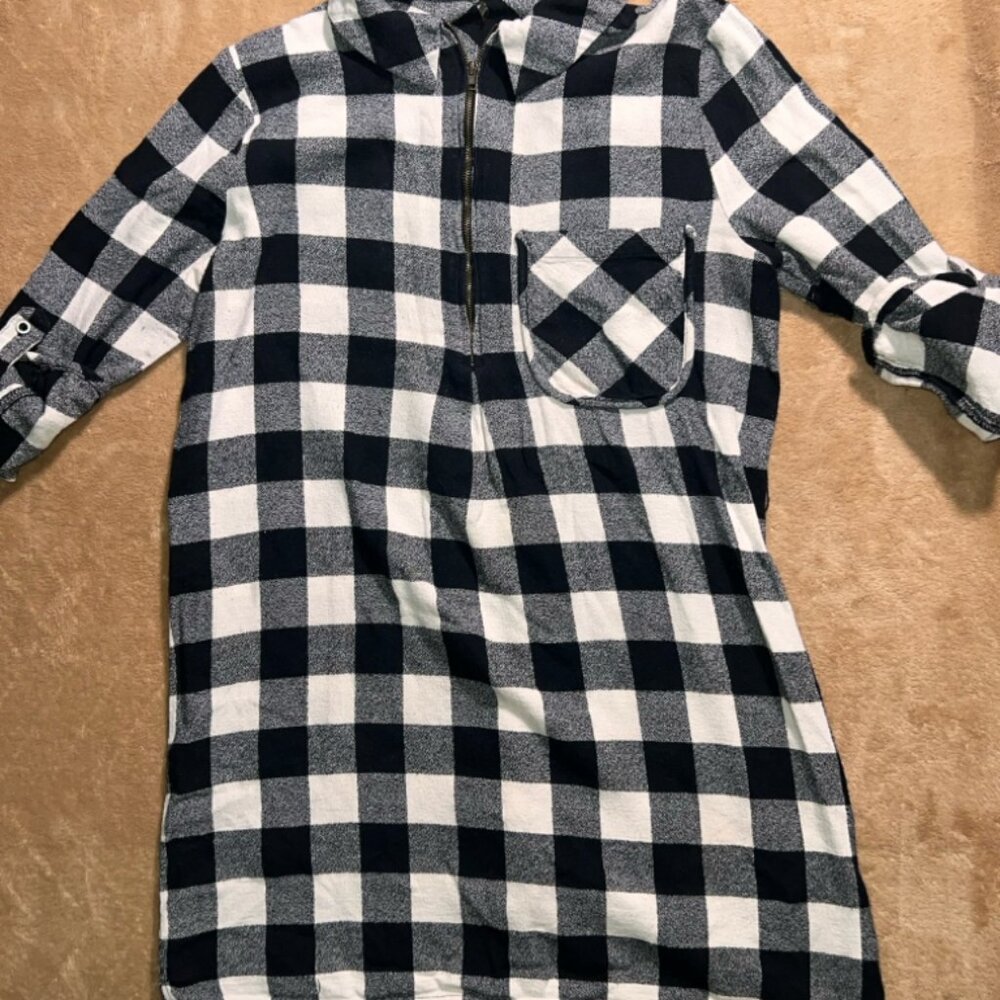 Depri Women Med Black White Buffalo Flannel Plaid Quarter Zip Pocket Tunic Dress